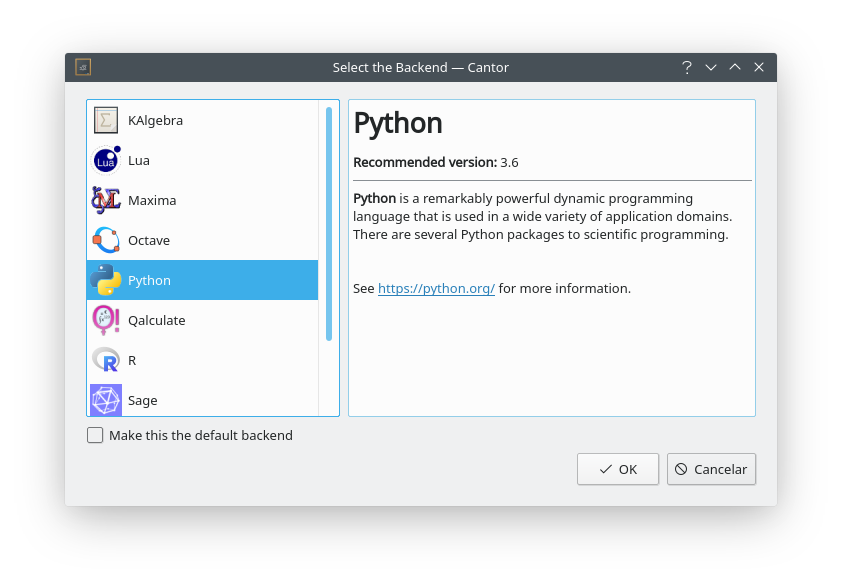 Select backends python dialog